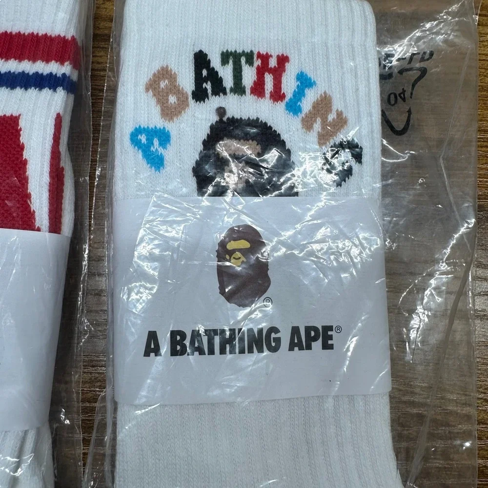 NEW A Bathing Ape BAPE Mens Crew Socks 2 Pair Set White Ape Head Logo